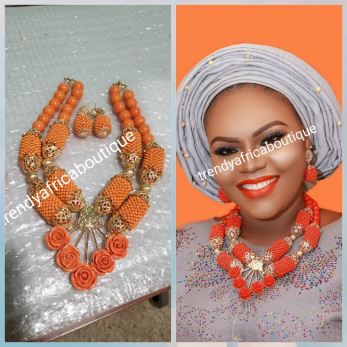Round coral-necklace set in 2 row necklace. 3pcs set Nigerian Bridal c