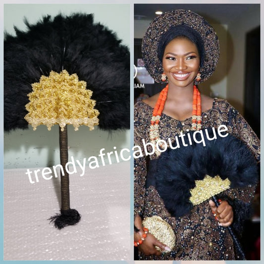 Black/Gold, Nigerian hand made Feather hand fan. Custom made, front/back same design.  Large size fluffy feather fan Nigerian Bridal-accessories design with flower petal, long handle with tassles