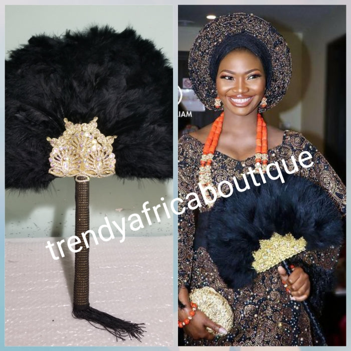 Black/Gold, Nigerian hand made Feather hand fan. Custom made, front/back same design. Large size fluffy feather fan Nigerian Bridal-accessories design with flower petal/stones. long handle with tassles