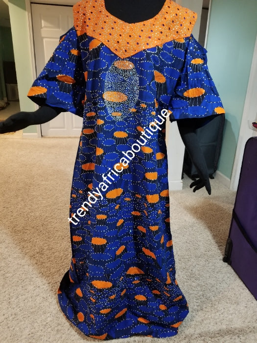 Sale sale: Ankara-dress, embellished with shinning Swarovski stones to perfection! Fit Burst 44" and 59" lenght shoulder to floor. Made with Quality hitarget Ankara. Comes with a matching headtie. Latest Ankara Kaftan dress