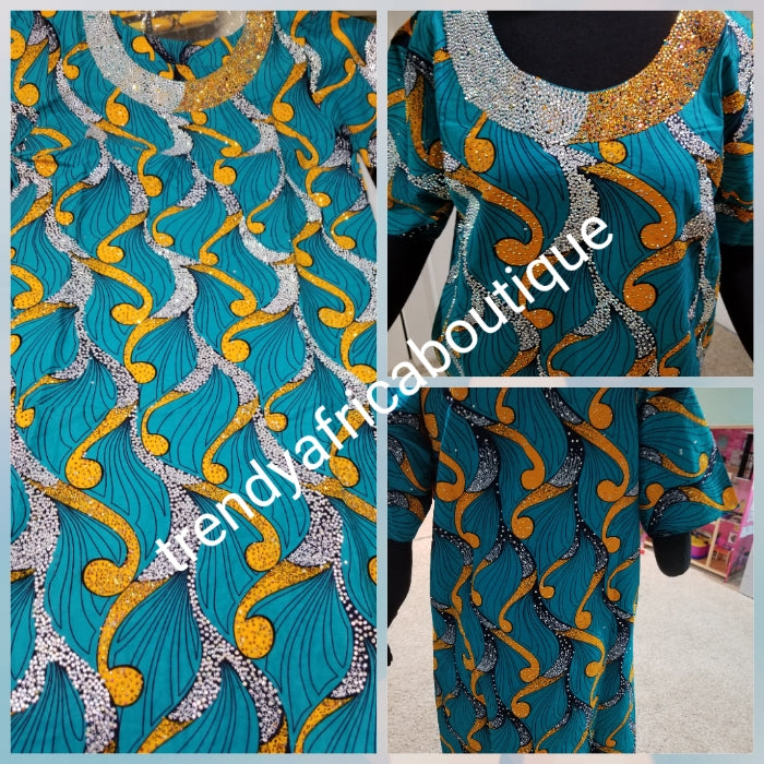 Embriodered and stoned multi color Ankara-kaftan, short dress embellished with shinning Swarovski stones to perfection! Fit Burst 44" and Full lenght 43". Made with Quality Ankara/stoned work.