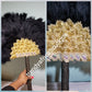 Black/Gold, Nigerian hand made Feather hand fan. Custom made, front/back same design.  Large size fluffy feather fan Nigerian Bridal-accessories design with flower petal, long handle with tassles