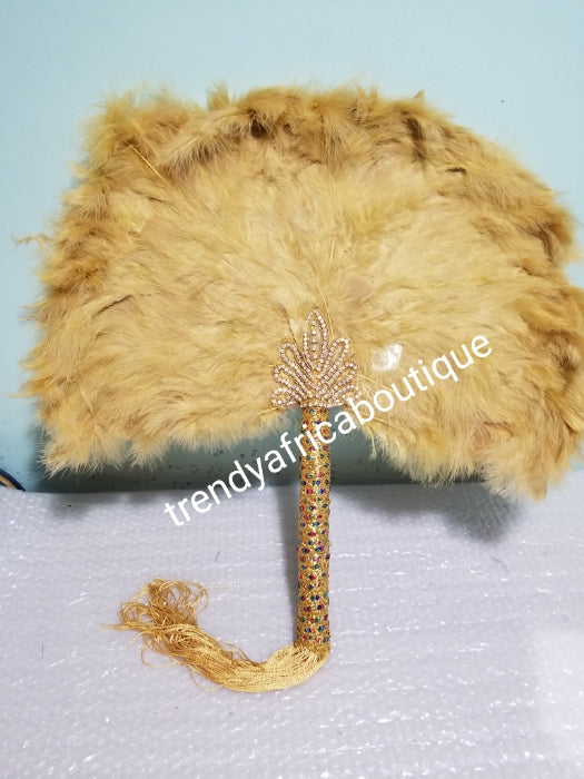 Gold, Nigerian hand made Feather hand fan. Custom made, front/back same design. Large size fluffy feather fan Nigerian Bridal-accessories design with flower stoned  petal, long multicolored handle with tassles. Nigerian Celebrant  accessories