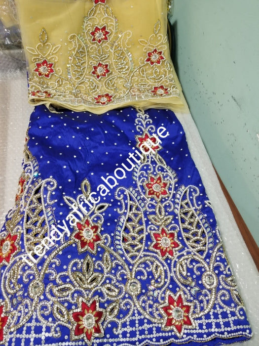 Sale sale: Big Exclusive original crystal stoned V.I.P Celebrant silk George wrapper. Nigerian/Igbo/delta women George. Royal blue with champagne gold contrast blouse in 1.8yds