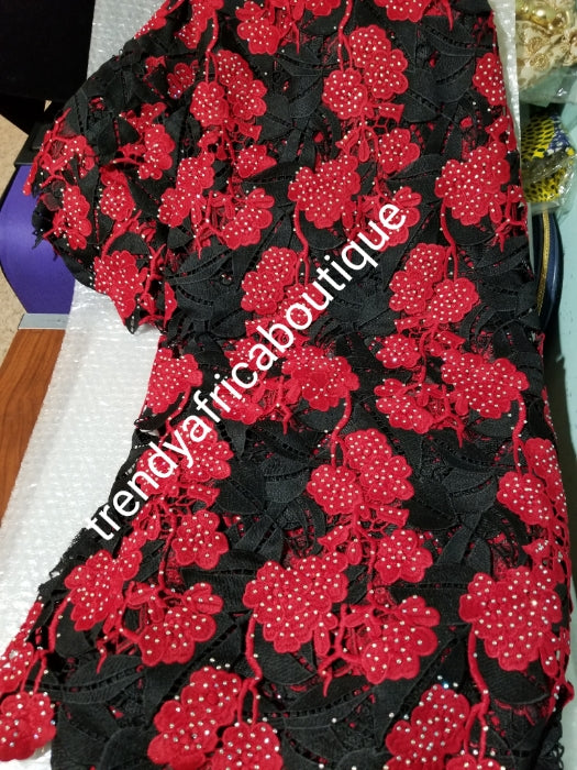 Clearance: soft texture Cord-lace fabric Black/red swiss cord lace fabric. Latest guipure-lace embellished with dazzling crystal stones all over. Sold per 5yds, price is for 5yds. Nigerian party fabric. Original quality