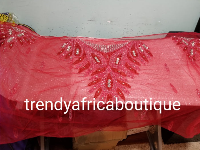 Red Heavily-beaded net for making blouses. Popularly use by Igbo/Delta/edo women for big Occasions. Comes in 1.8yds lenght already design for your beautiful blouse