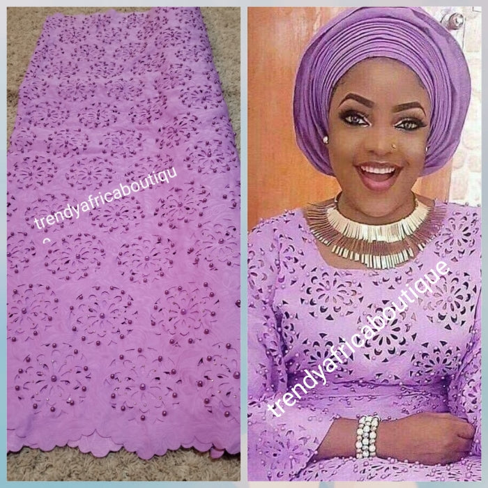 Beautiful Lilac Quality Swiss Voile lace fabric. Laser cut, soft texture and decorated with Crystal stones/pearls. Nigerian African french lace fabric.