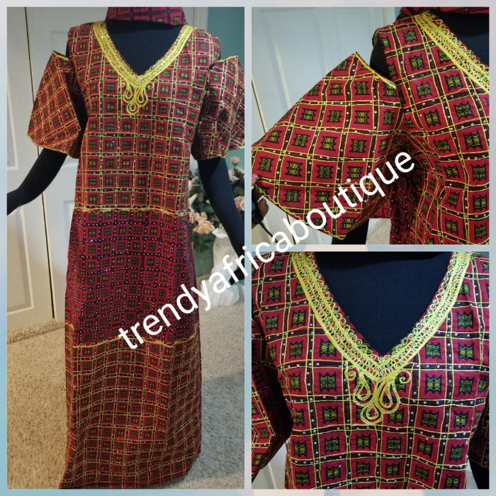 Clearance: Embriodered and stoned multi color Ankara-kaftan Long dress embellished with shinning Swarovski stones to perfection! Fit Burst 46" and Full lenght 55". Made with Quality Ankara/stoned work. Flared sleeves