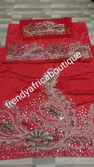 Ready to ship: RED Royal wedding/VIP hand beaded and stoned Nigerian traditional Celebrant George wrapper with matching blouse. Niger/Delta/Igbo women Georges. Quality silk George wrapper for high society party. Sold as set of 2 wrapper +1.8yds blouse