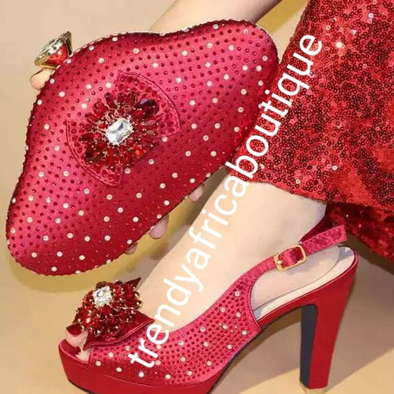 New arrival Size 39 in Red Italian matching platform shoe and hand clutch. Embellish with crystal stones Italian style shoe and bag. Sold as a set. Heel is 4" shoe run big in size. Comfortable wear
