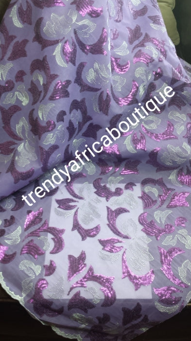 Clearance: Sequence net French lace fabric. Soft texture, beautiful lilac/purple color. Great quality, great price. Sold per 5yds, price is for 5yds.