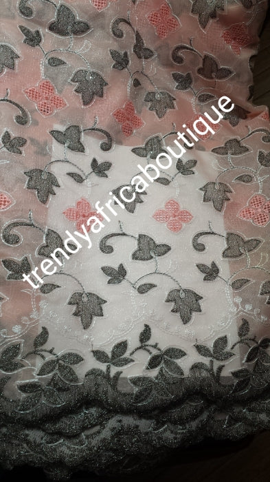 Clearance: peach/choco brown net French lace fabric. Soft texture, beautiful  color color combinations. Great quality, great price. Sold per 5yds, price is for 5yds.