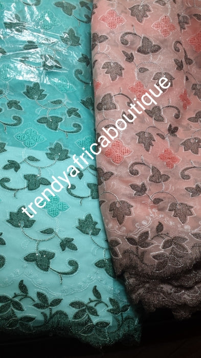 Clearance: peach/choco brown net French lace fabric. Soft texture, beautiful  color color combinations. Great quality, great price. Sold per 5yds, price is for 5yds.