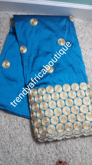 Hot sale! Original quality indian Embroidery Silk George wrapper for Nigerian party dresses. Indian-george. Beautiful turquoise Blue/gold embroidery design. Sold per 5yds. And price is for 5yds. Feel the difference in Quality!!