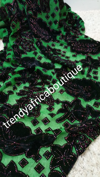 Sale: Green Voile/velvet George Wrapper. Soft texture,  Embellished with lurex sold per 5yds. Use for Nigerian traditional wedding as wrapper or dress.