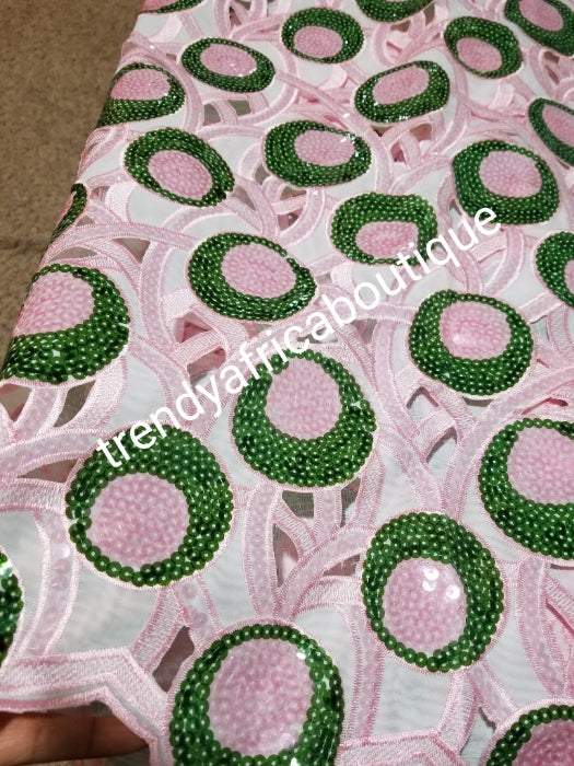 Sale sale: Baby pink/green  Double Organza swiss lace Fabric. Beautiful handcut lace embellished with sequence. Classic Big Nigerian party lace sold per 5yds. White/royalblue/turquoise
