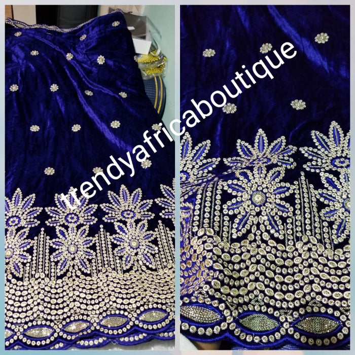 Clearance item. Royal blue embriodery VELVET wrapper  embellished with gold sequine. Classic for making Nigerian traditional 1st outfit for Bride. Sold per 2.5yds/price is for 2.5yds. Edo/igbo Bride outfit