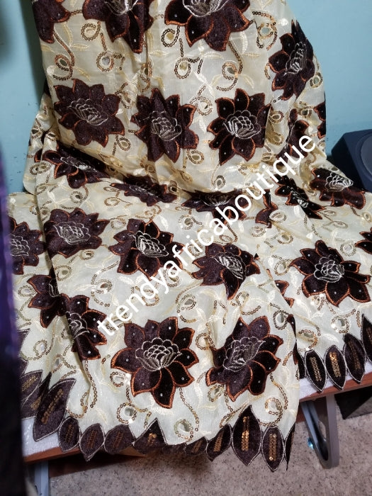 Clearance item. Beige french lace fabric  embellished with chocolate brown Velvet and sequence. Beautiful border design. Sold per 5yds/price is for 5yds. Classic design