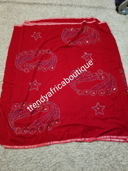 Clearance Red Velvet wrapper. Original quality beaded and stoned. Use for Nigerian Bridal wrapper/traditional weddings ceremony. Igbo/Edo Bride wrapper in velvet. Soft luxurious quality. Sold per 5yards