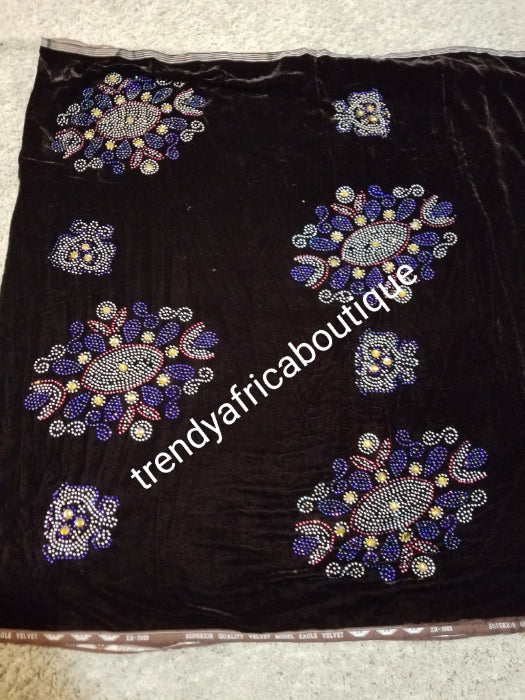 Clearance chocolate brown with multi color stone Velvet fabric. Original quality beaded and stoned. Use for Nigerian Bridal wrapper/traditional weddings ceremony. Igbo/Edo Bride wrapper in velvet. Only 2.5yds left and the price is for 2.5yds