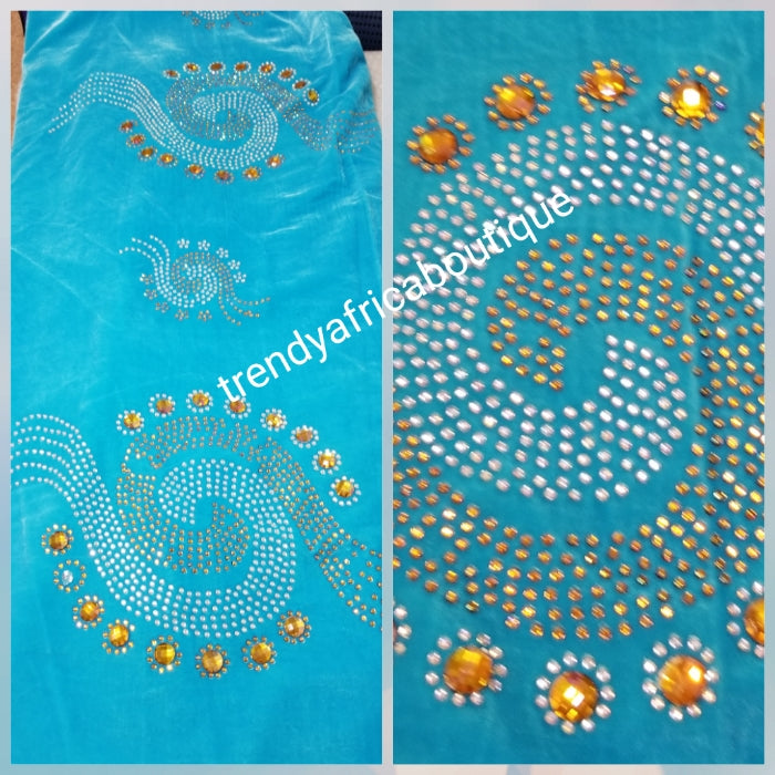 Clearance turquoise blue/multi color stoned and beads Velvet fabric Original quality beaded and stoned. Use for Nigerian Bridal wrapper/traditional weddings ceremony. Igbo/Edo Bride wrapper in velvet. Sold per 5yds. Price is for 5yds