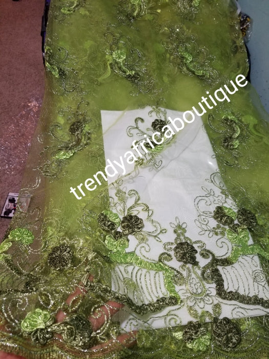 Clearance: Lemon green beaded and stones French lace fabric for making Blouses for wrapper, or evening dress. Igbo/Delta/Edo women blouse fabric in  5yds. Sold per 5yds