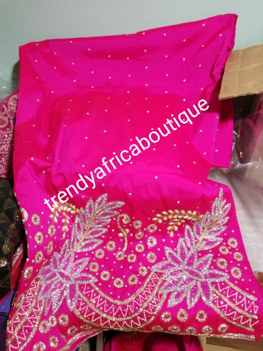 Back in stock & Ready to ship: luxurious Quality taffeta Silk George wrapper. Fuschia pink Nigerian Bridal beaded and crystal stoned George wrapper. Sold as  2 wrapper + 1.8yds Net for blouse. Niger/delta/Igbo traditional bridal outfit