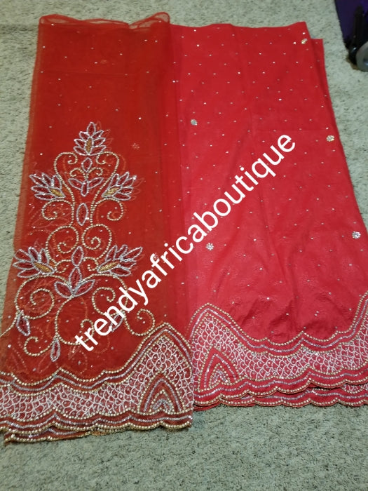 Latest Design of red skin taffeta beaded and stoned 2.5yds wrapper + 2.5yds Net wrapper + 1.8yds matching net blouse. Sold as a set and price is for the set. Soft texture, quality skin George for modern Nigerian wrapper.