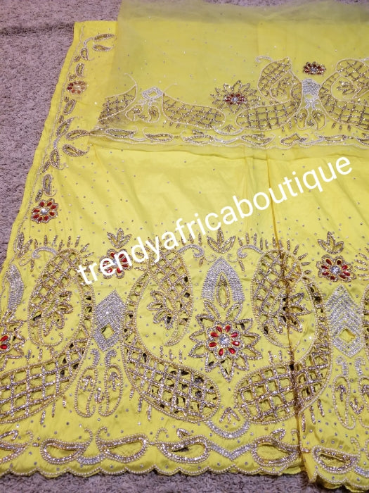 Ready to ship:  quality Hand Stoned sweet yellow  VIP taffeta Silk George wrapper and matching blouse. Red and white dazzling Crystal stones. Hand cut work to perfection. Use by Nigerian Igbo/Delta wrapper