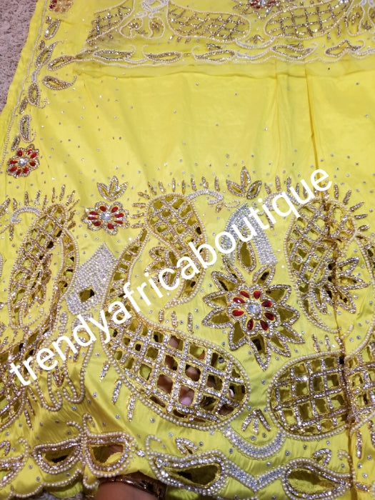 Ready to ship:  quality Hand Stoned sweet yellow  VIP taffeta Silk George wrapper and matching blouse. Red and white dazzling Crystal stones. Hand cut work to perfection. Use by Nigerian Igbo/Delta wrapper