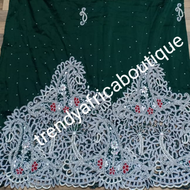 Ready to ship: emerald Green VIP hand beaded and stoned Nigerian traditional Celebrant George wrapper with matching blouse. Niger/Delta/Igbo women Georges. Quality George wrapper for high society party. Sold as set of 2 wrapper +1.8yds blouse