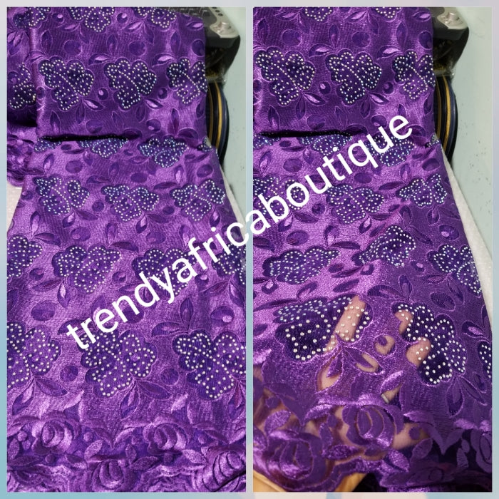Clearance: Luxurious Beautiful purple embriodery net French lace fabric Swiss Quality lace embellished with crystal stones all over. Sold per 5yds. Nigerian french lace fabric. Rich quality for wedding dress