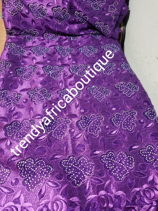 Clearance: Luxurious Beautiful purple embriodery net French lace fabric Swiss Quality lace embellished with crystal stones all over. Sold per 5yds. Nigerian french lace fabric. Rich quality for wedding dress