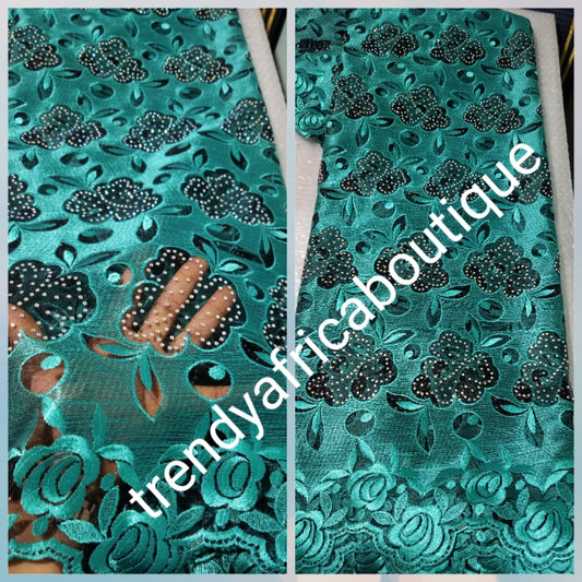 Luxurious Beautiful teal Green embriodery net French lace fabric Swiss Quality lace embellished with crystal stones all over. Sold per 5yds. Nigerian french lace fabric. Rich quality for wedding dress