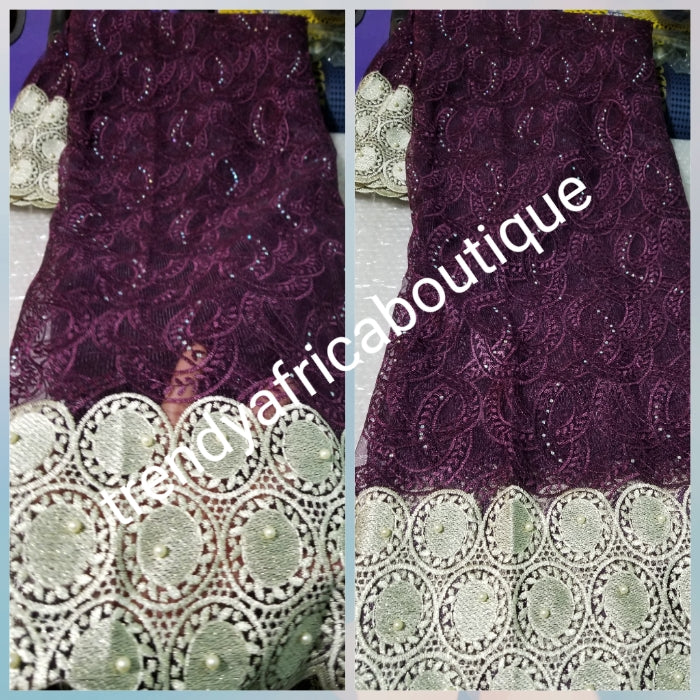 Clearance: Plum/cream border African french lace fabric. Original quality. Use to make Nigerian party dress. Sold per 5yards. Aso-ebi can be produce upon request.