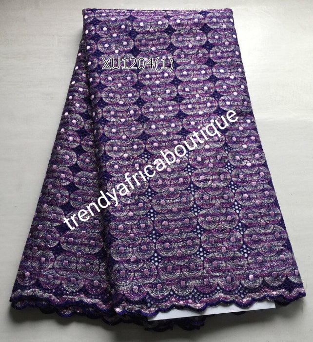 Classic embriodery purple swiss lace fabric. silver and lilac  lurex and crystal stones. Soft quality swiss lace with small holes all over. Classic design. Sold per 5yds, price is for 5yds. Ideal color for men or women Nigerian traditional outfit