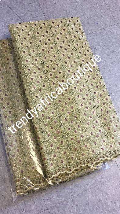Classic Olive green swiss lace fabric. Embellish with gold lurex and crystal stones. Soft quality swiss lace sold in 5yds, price is for 5yds. Ideal color for men or women Nigerian traditional outfit