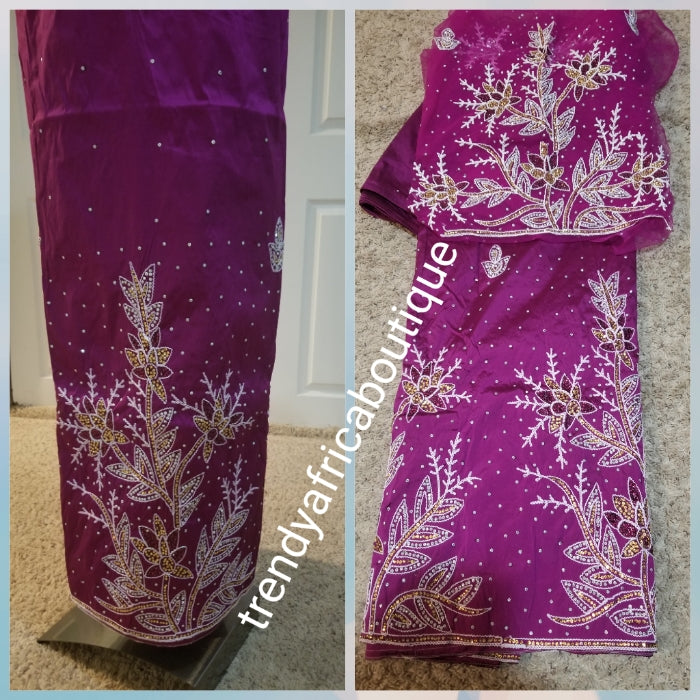 Sale:  sweet Magenta Taffeta Silk George wrapper for Nigerian party outfit. 5yds wrapper + 1.8yds matching net for blouse.  Sold as a set. Embriodery/beads and stone work. Small-george. Aso-ebi George