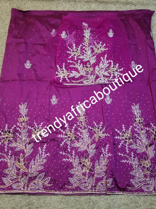 Sale:  sweet Magenta Taffeta Silk George wrapper for Nigerian party outfit. 5yds wrapper + 1.8yds matching net for blouse.  Sold as a set. Embriodery/beads and stone work. Small-george. Aso-ebi George