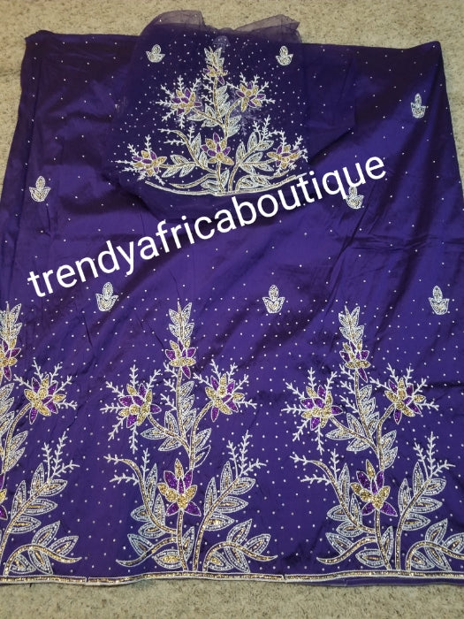 Sale: purple embroidery/stoned Taffeta Silk George wrapper for Nigerian women. 5yds wrapper + 1.8yds matching net for blouse.  Sold as a set. Embriodery/beads and stone work. Small-george, aso-ebi George
