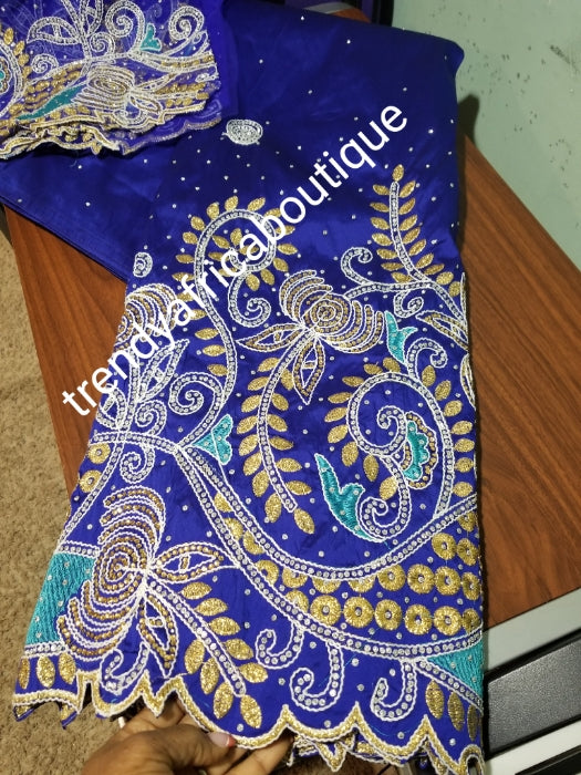 Quality Royal Blue  embriodered and stone silk George wrapper. Top quality Indian-George for making Nigerian/African party dress, wrapper and more. 5yds silk George + 1.8yds matching net blouse. Contact us if you are interested in Aso-ebi order