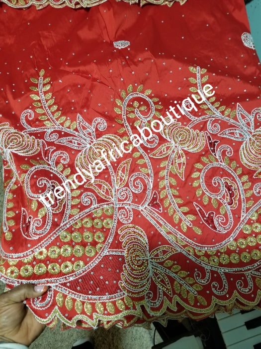 Quality Red embroidered and stoned silk George wrapper.  Top quality Indian-George for making Nigerian/African party dress, wrapper and more.  5yds silk George + 1.8yds matching net blouse. Contact us if you are interested in Aso-ebi order