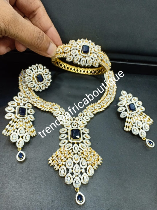 New arrival 4pcs celebrant set. America diamond jewelry set in 22k Electroplated high quality, mounted with CZ clear stones setting and  Navy blue Stone accent. hypoallergenic. Classic choker drop necklace and, drop earrings. Bridal-accessories