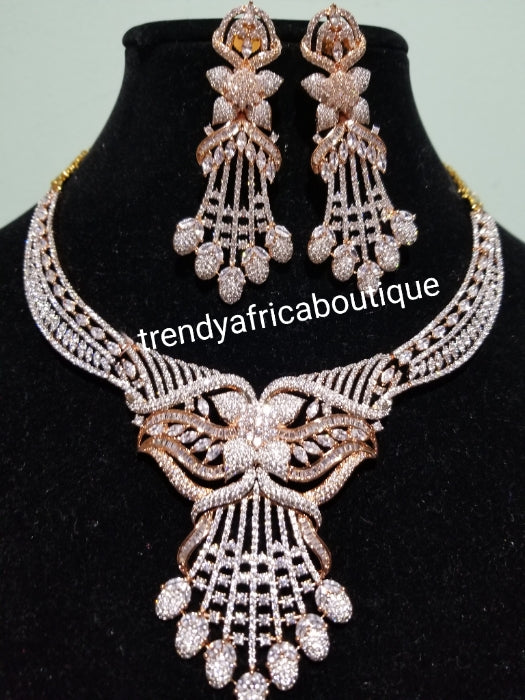 Special offer: New arrival 2pcs. America diamond jewelry set in 22k Electroplated rose Gold plating in high quality/mounted with CZ stones setting, hypoallergenic. Classic chandelier choker necklace and, drop earrings. Very light weight Bridal-accessories