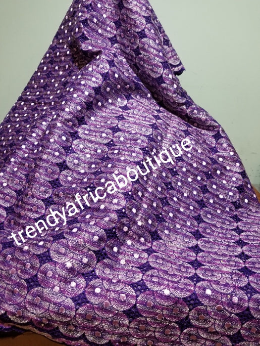 Classic embriodery purple swiss lace fabric. silver and lilac  lurex and crystal stones. Soft quality swiss lace with small holes all over. Classic design. Sold per 5yds, price is for 5yds. Ideal color for men or women Nigerian traditional outfit