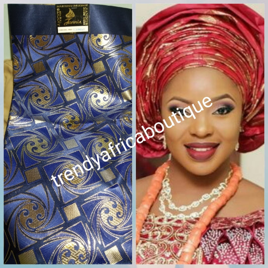 Navyblue/gold Nigerian Gele/headtie fabric for Traditional Head wrap. Regular-headtie size Gele 72"x36. One in a pack. Regular-headtie big gele for Nigerian party. Aso-ebi available a1