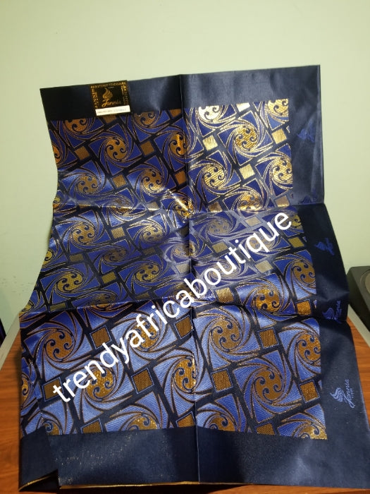 Navyblue/gold Nigerian Gele/headtie fabric for Traditional Head wrap. Regular-headtie size Gele 72"x36. One in a pack. Regular-headtie big gele for Nigerian party. Aso-ebi available a1