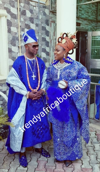 Royal Blue beaded and swarovaski crystal stoned Aso-oke set. Custom-made design. Make-to-order only. Aso-oke set for man and woman. Can be order for individual only or complet set for couple. 6-8 weeks for production. Nigerian Traditional wedding outfit