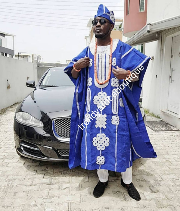 Royal blue/white Agbada set for men. made-to-order Nigerian Traditional embriodery Aso-oke set for Men/Groom. Custom-made design. Can be produce in any color combinations of your choice. 4pcs set or 2 pc agbada/cap. set.