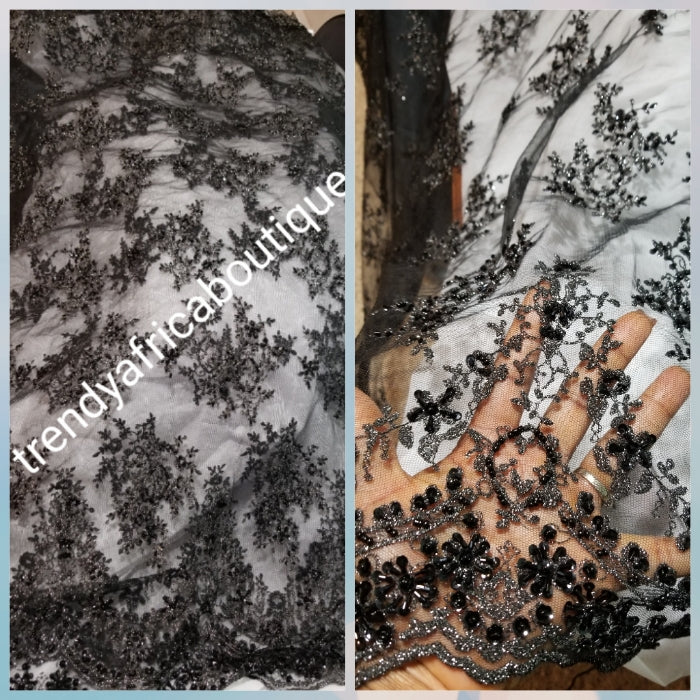 Sale: Soft Black/black beaded and stoned net French lace fabric for making Blouses for wrapper. Igbo/Delta/Edo women blouse fabric. This is about 2yrds total piece for sale. Can be use to combination style